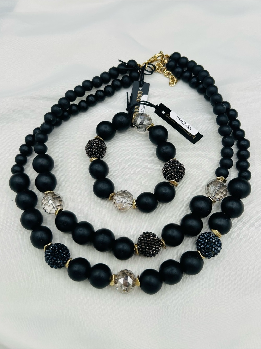 COCO + CARMEN Matte Black Onyx Style Beaded Layered Necklace & Bracelet Set 2pc